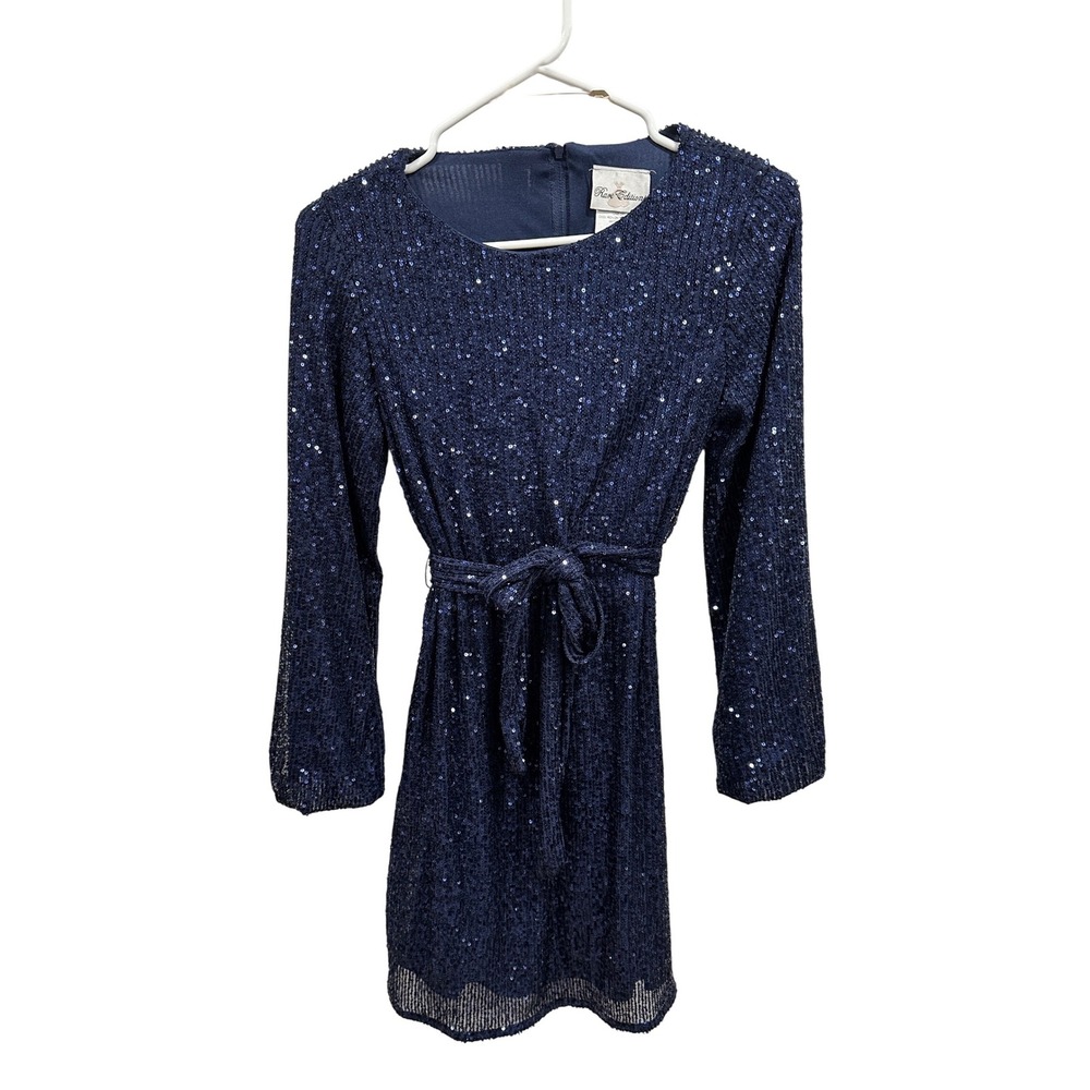 Rare Editions Navy Sequin L/S Tie Waist Dress Size 16 Kids Girls Formal Party